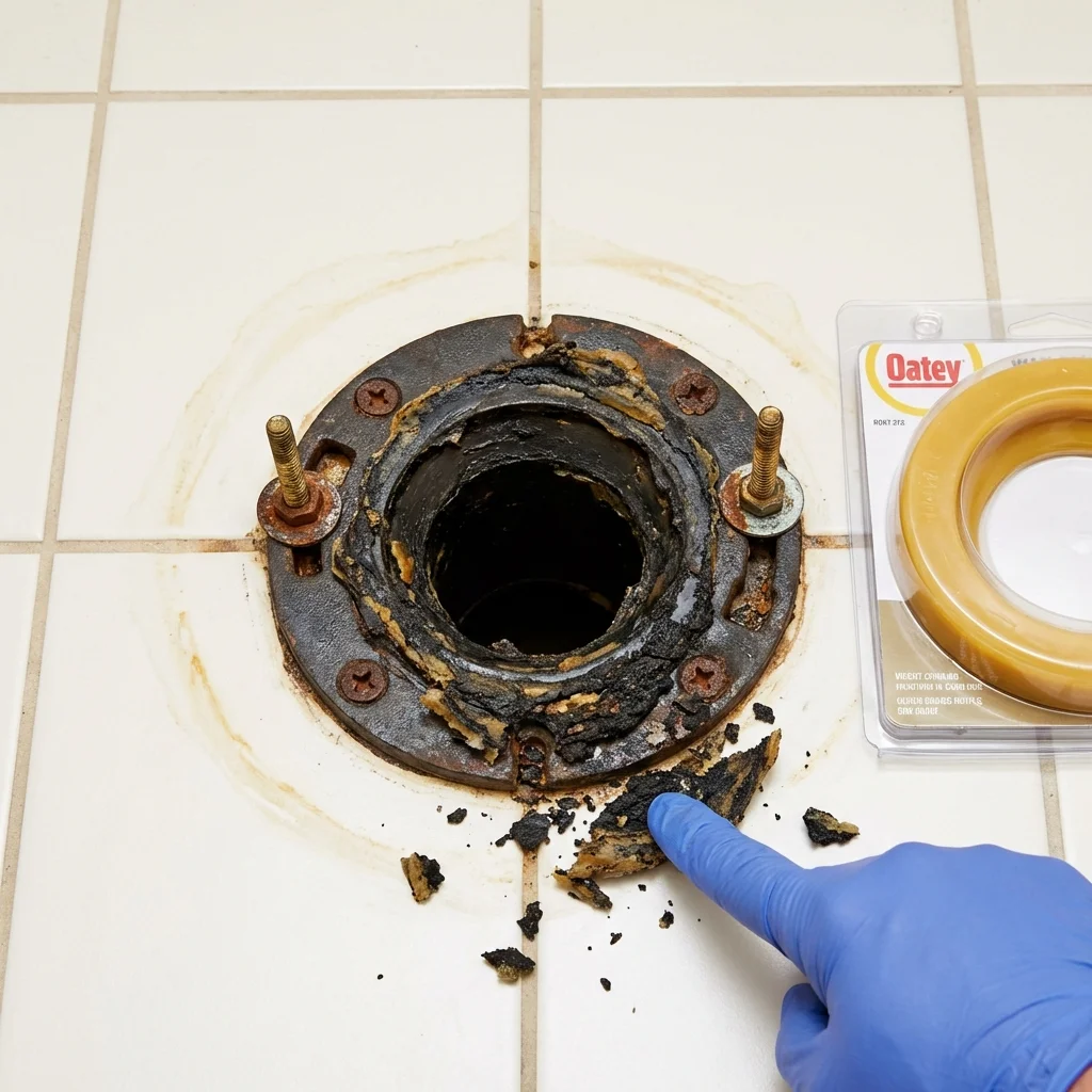 Failed wax ring showing water seepage at the base of a toilet in a Trinity, NC home