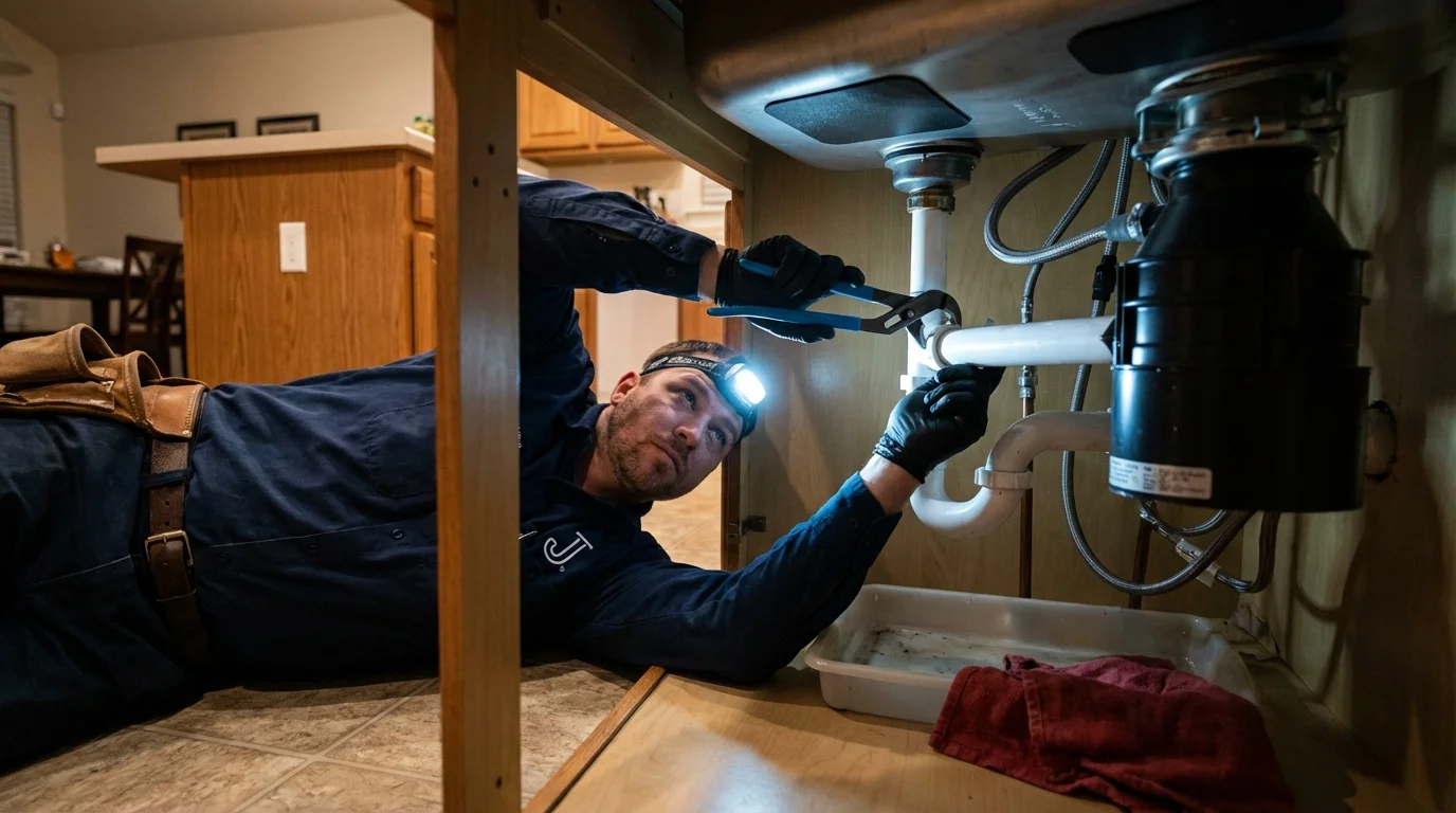 P-trap and supply line connections under a kitchen sink showing a common leak point in Trinity, NC